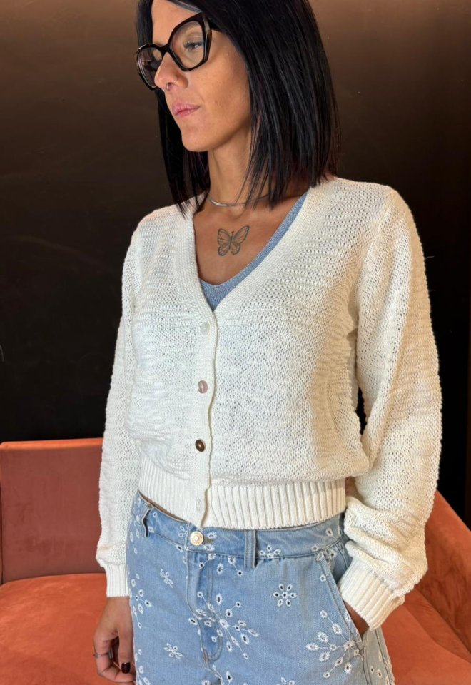Cardigan Cropped in Cotone Cloud Dancer – Scollo a V Femminile - Cloud Dancer -  S