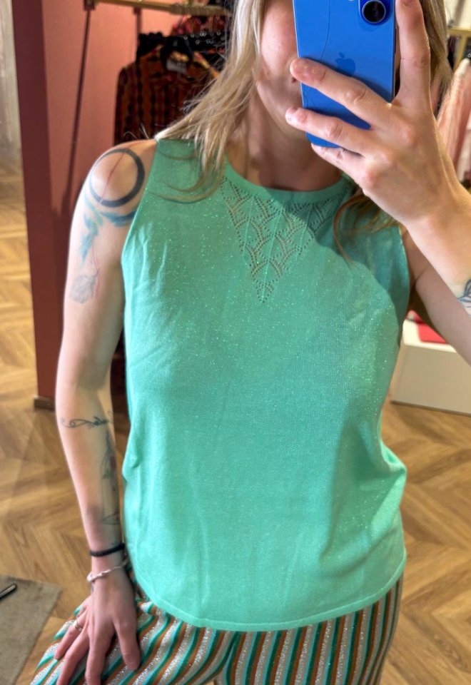 Top Turchese in Viscosa con Lurex e Scollo Traforato – Paz Torras -  44