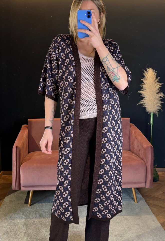Kimono Lungo Fantasia Geometrica Chiara Bertani con Profili Lurex -  XS/S