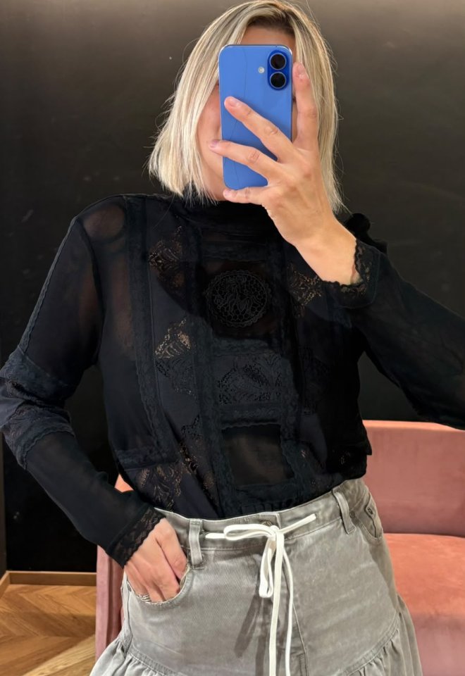 Blusa in Pizzo Intarsiato e Tulle – Front Street -  S