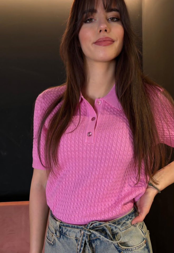 Polo Rosa in maglia lavorata - Rosa -  S