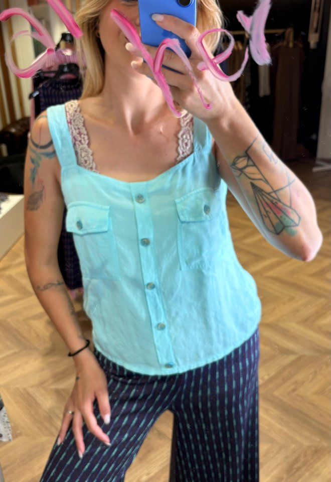 Top in misto lino azzurro cielo  -  42