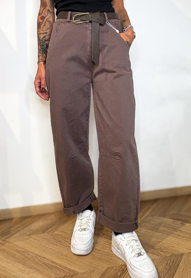 Pantalone Fondente in Cotone con Cintura - Marrone -  S