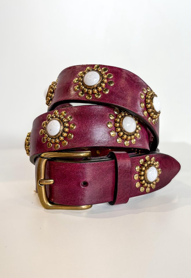 Cintura in Pelle Bordeaux con Pietre Bianche e Borchiette Oro – Made in Italy - Bordeaux -  90 cm