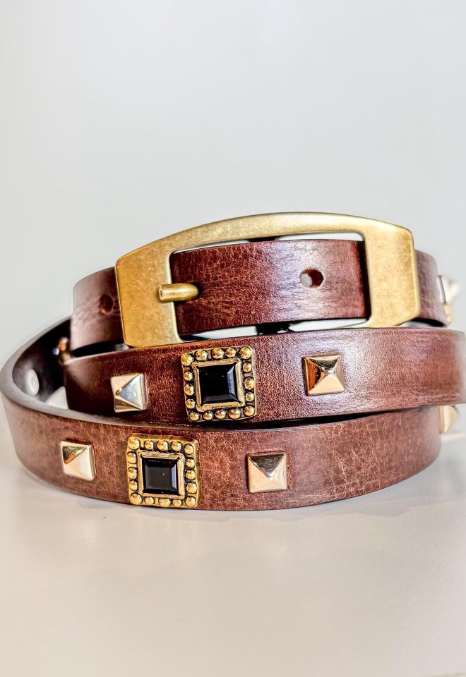 Cintura in Pelle Marrone con Borchie e Pietre Nere – Made in Italy - Marrone -  90 cm