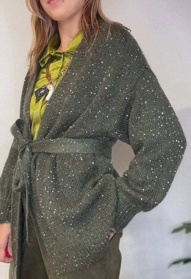 Cardigan verde bosco con micro paillette e cintura — Eclà - Verde  -  S
