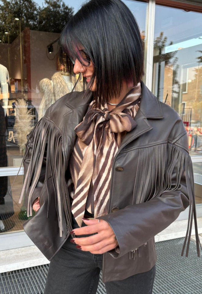 Giacca in Vera Pelle con Frange  - Marrone -  S