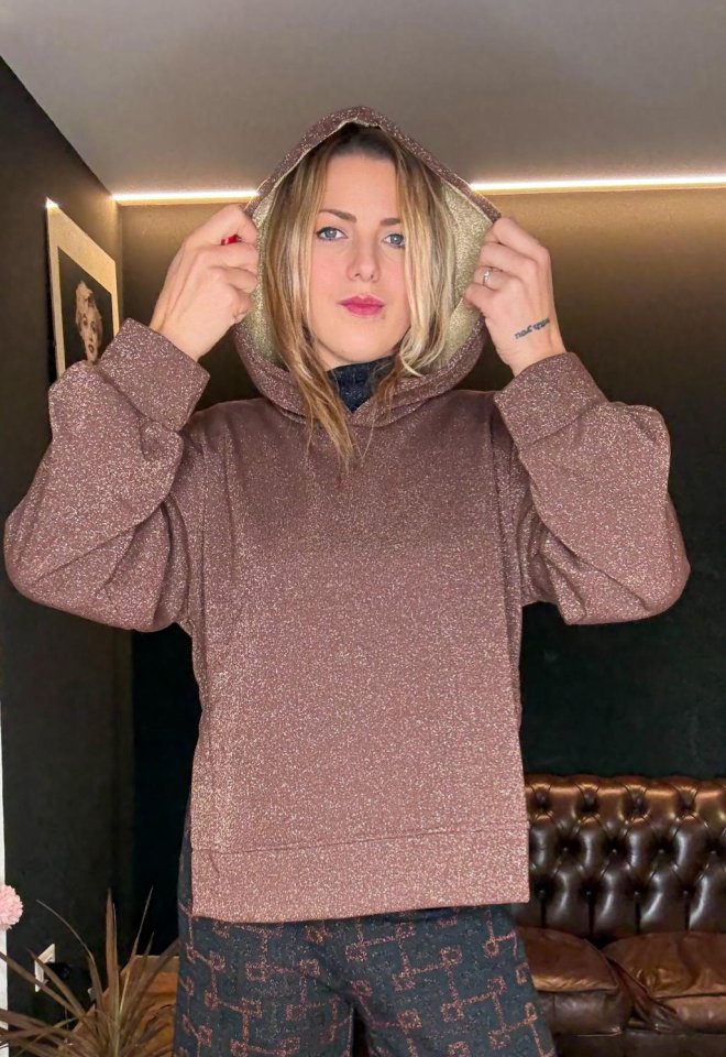 Felpa marrone con lurex oro e argento Be Limousine – cappuccio foderato e spacchi laterali -  S