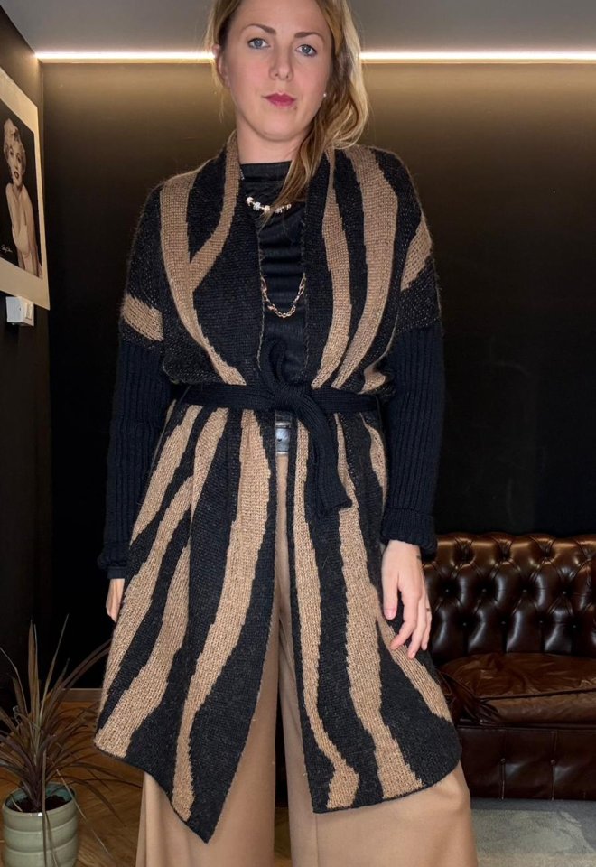 Cardigan lungo zebrato con cintura – Alpaca, Mohair e Lana -  XS/S