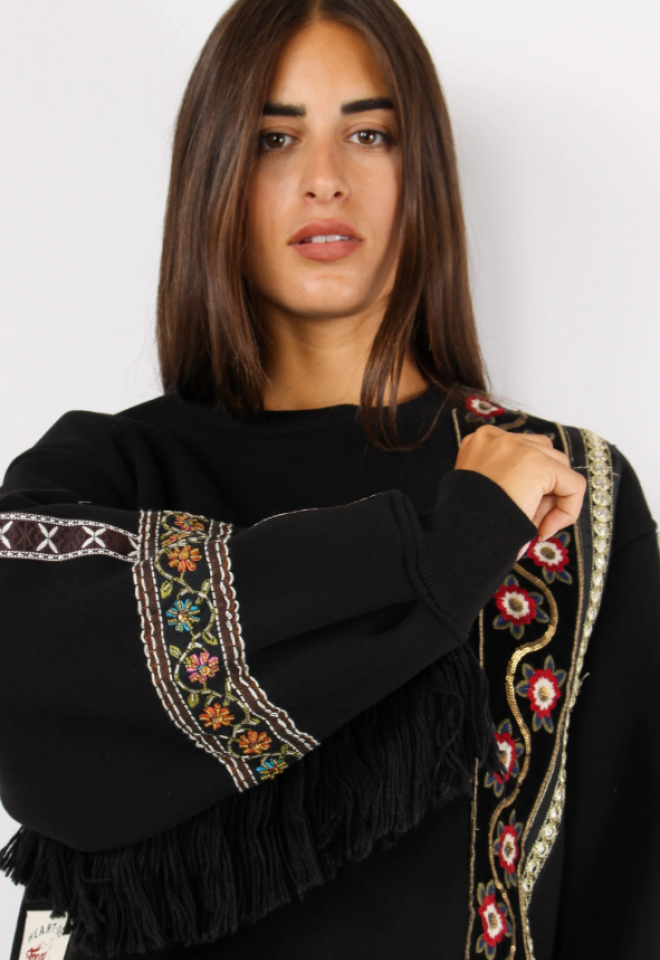 Felpa Nera Boho-Chic con Frange -  S