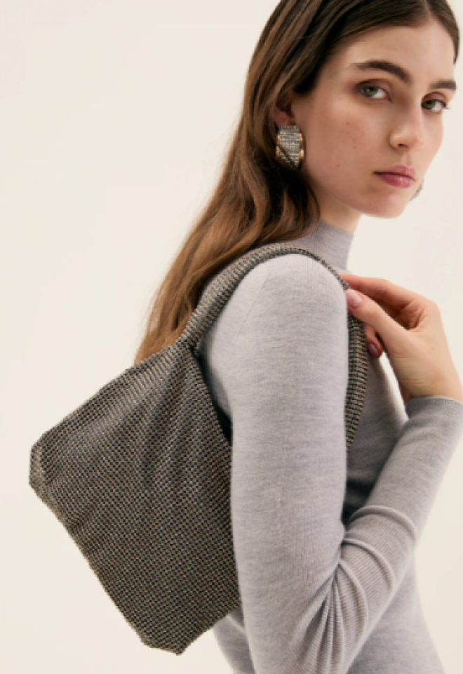 Borsa Jackie a spalla in maglia con pietre - Argento