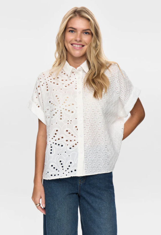 Camicia smanicata Numph in cotone ricamato – bianco luminoso -  S