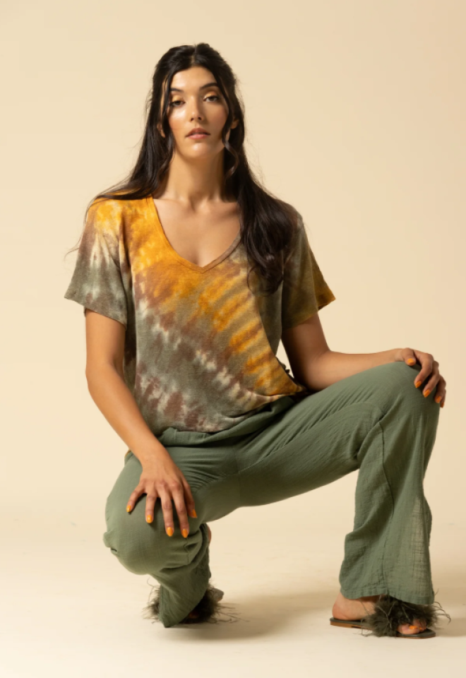 T-Shirt Tie Dye in Lino Devore con Scollo a V – Don’t Me -  taglia unica