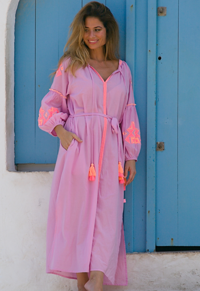 Abito Mini "Pipa" in Tessuto Leggero con Ricami Fluò e Nappe – Rosa -  S