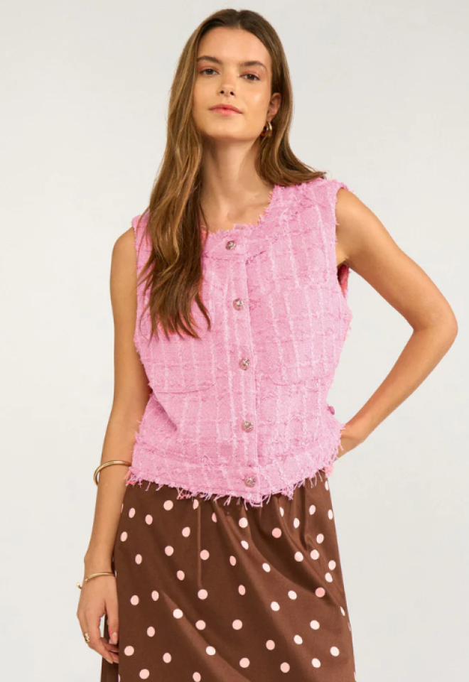 Gilet Rosa con Bottoni Dorati e Trama Chic -  S