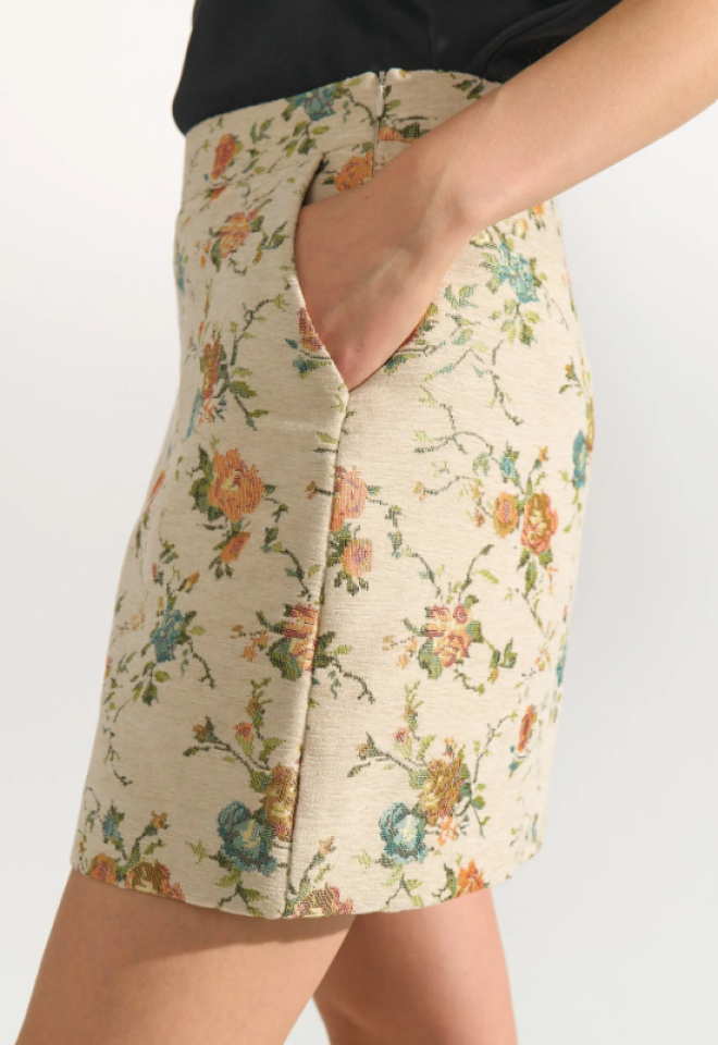 Minigonna in Jacquard Floreale Beige con Tasche -  S