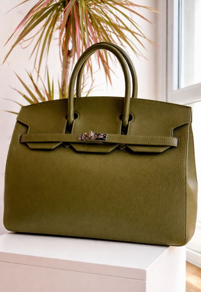 Borsa Modello Birkin in Vera Pelle Olive  - Verde 