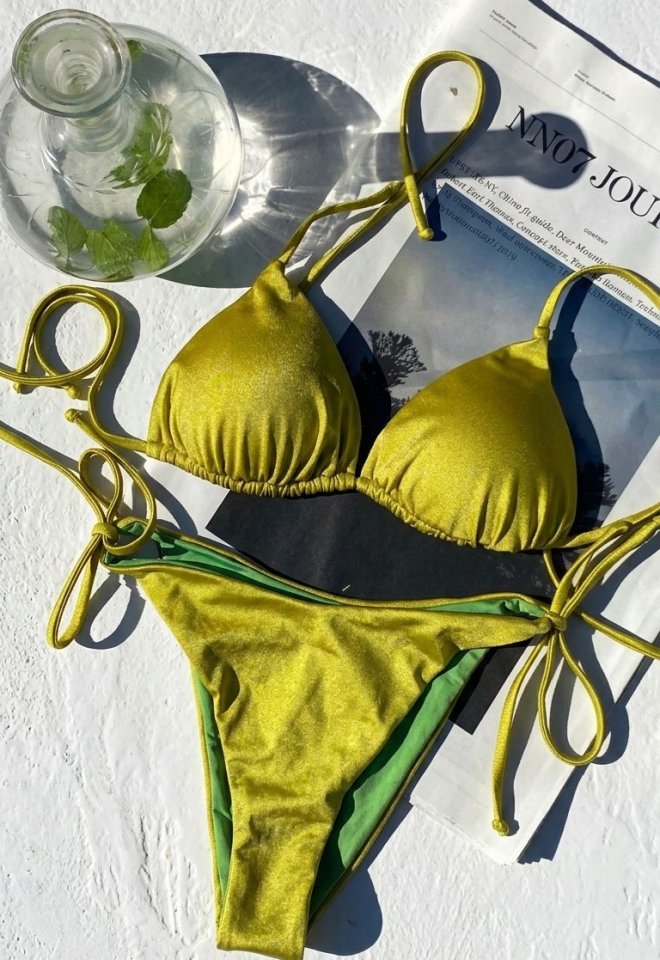 Bikini triangolo verde lime in lycra lucida  -  S