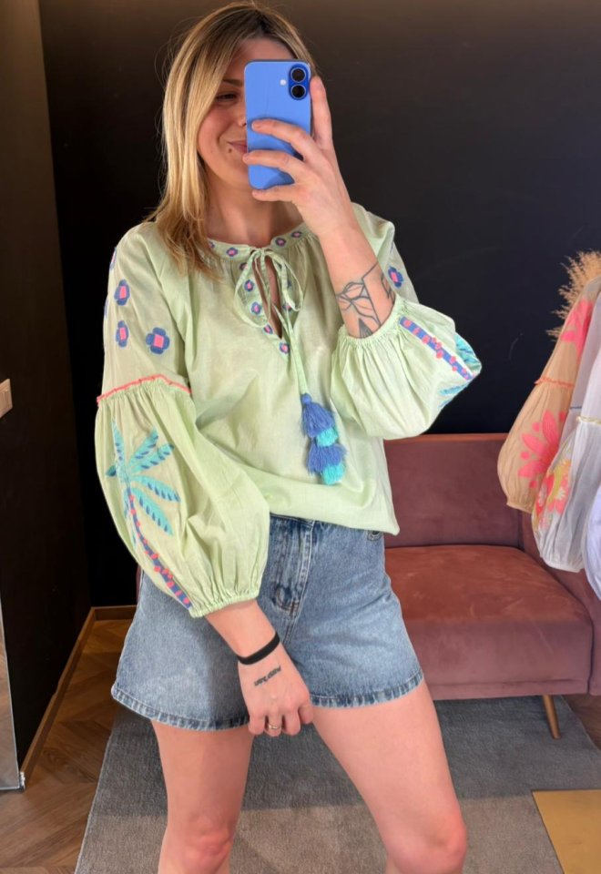 Blusa Palm Ricamata Verde – Tartaruga -  S