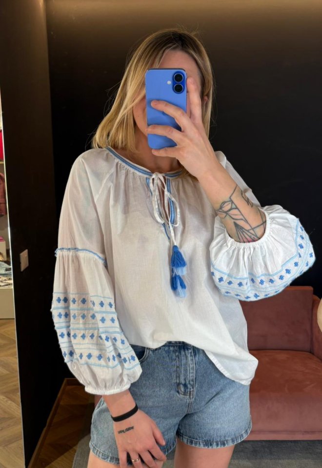 Blusa Mini Flower Ricamata Azzurra – Tartaruga -  M