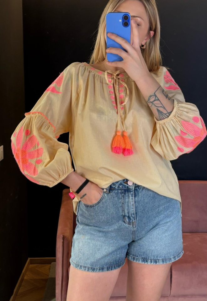 Blusa Gerbera Ricamata Coffe – Tartaruga -  M