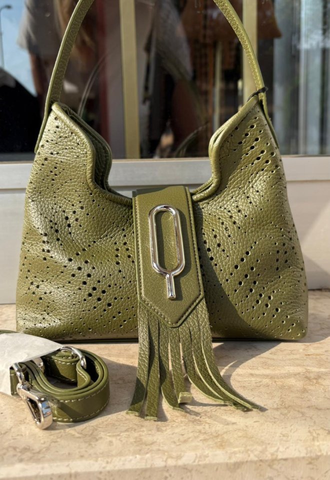 Borsa in Vera Pelle Traforata Verde Oliva con Frange – Made in Italy - Verde 