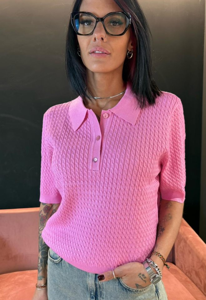 Polo Rosa in maglia lavorata - Rosa -  S