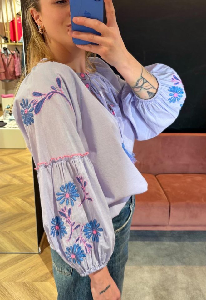 Camicia Ricamata Floret Blues Lilla – Manica Balloon -  M
