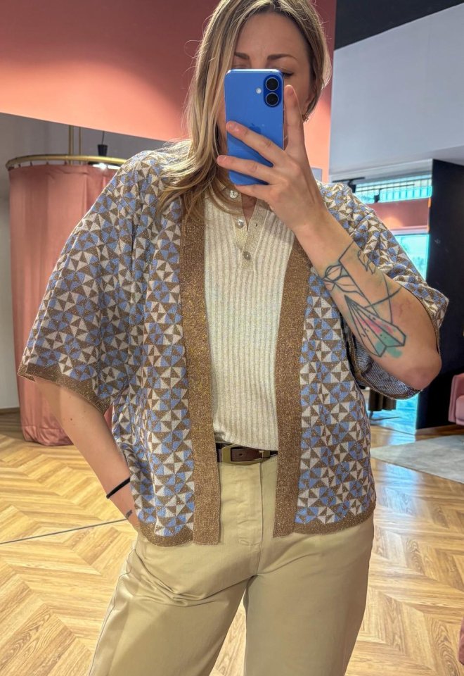 Kimono in maglia geometrica azzurro latte e beige con lurex – Chiara Bertani -  XS/S
