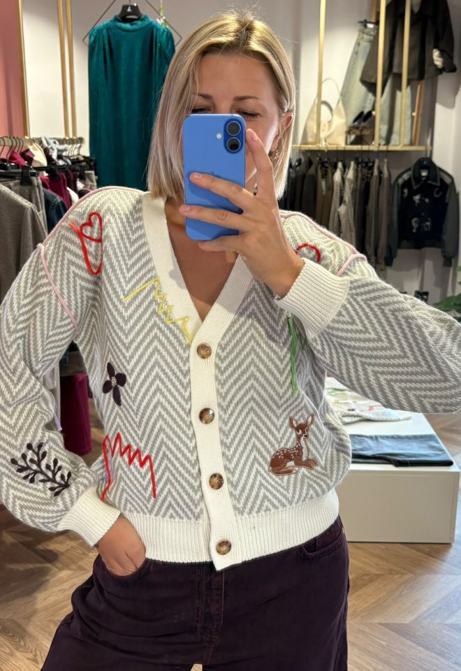 Cardigan a Spina di Pesce con Ricami Multicolore -  S