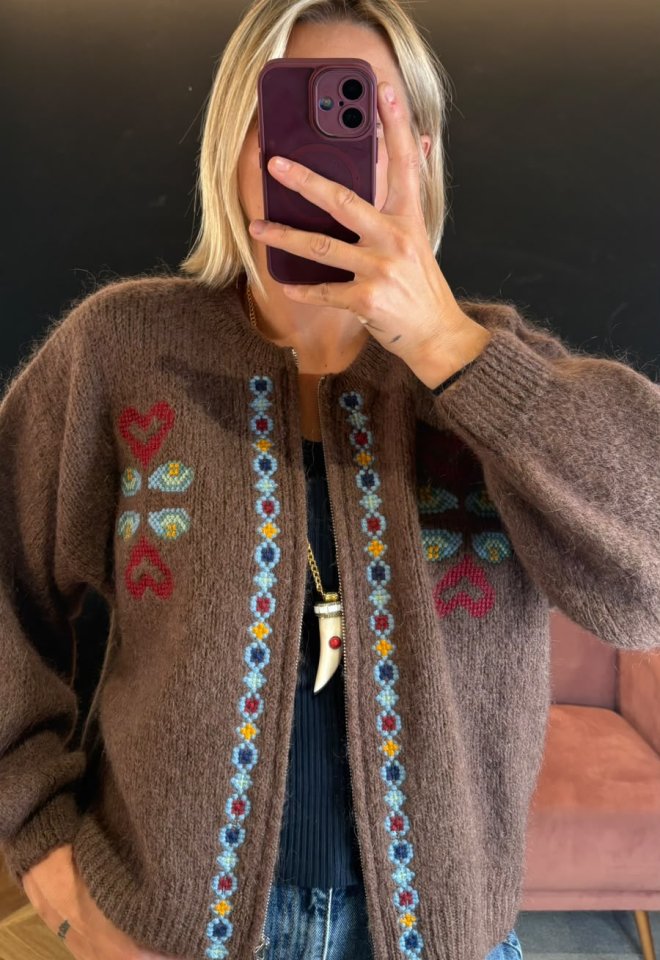 Cardigan in Mohair con Zip e Ricami Punto Croce – Front Street -  S