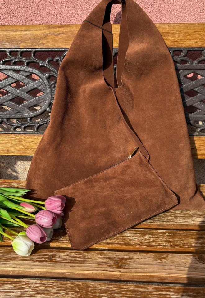 Borsa Hobo Morbida in Suede Chocolate con Pochette